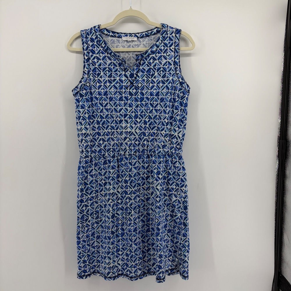 T by Talbots Women Medium Blue Geometric Sleeveless V-Neck Athletic Jersey Dress